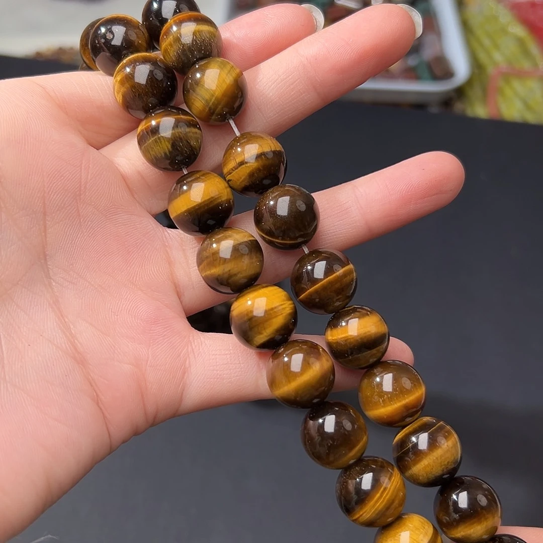 玛瑙/玉髓合金珠宝半成品G523。14.3mm天然黄虎眼圆珠一条