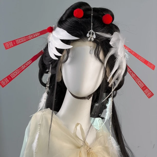 梦金陵超仙白鹤仙女延安摄影妆造头饰夹红色仿真花发钗珍珠绒球