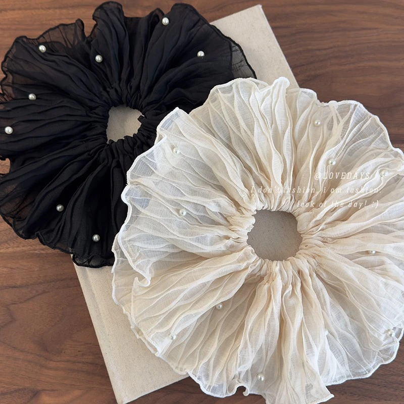 韩版仙气褶皱网纱钉珍珠大肠发圈高级感头花2025新款扎头绳发绳女