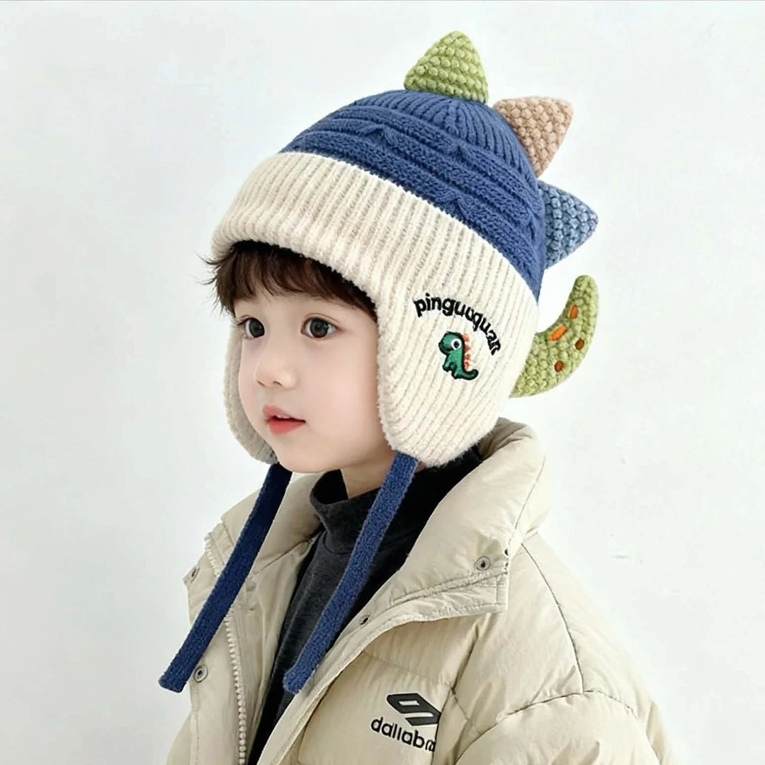 儿童护耳帽子秋冬季男女童萌趣恐龙针织保暖毛线帽宝宝防风套头帽