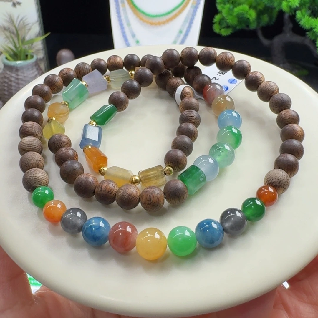 翡翠未镶嵌手链浓彩配木珠