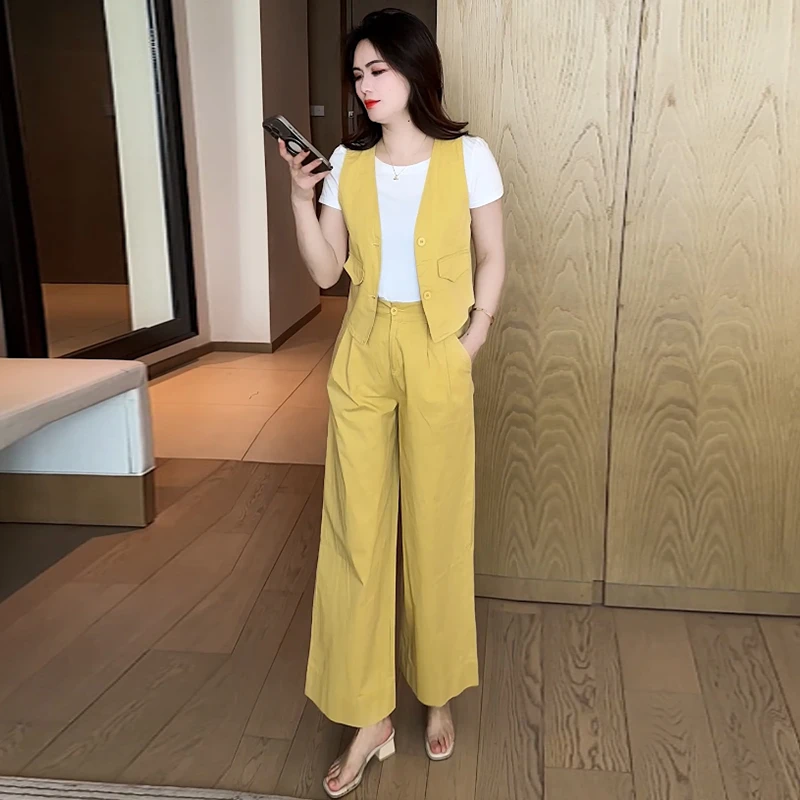 时尚套装女2025夏季薄款洋气小个子马甲短袖T恤阔腿裤休闲三件套