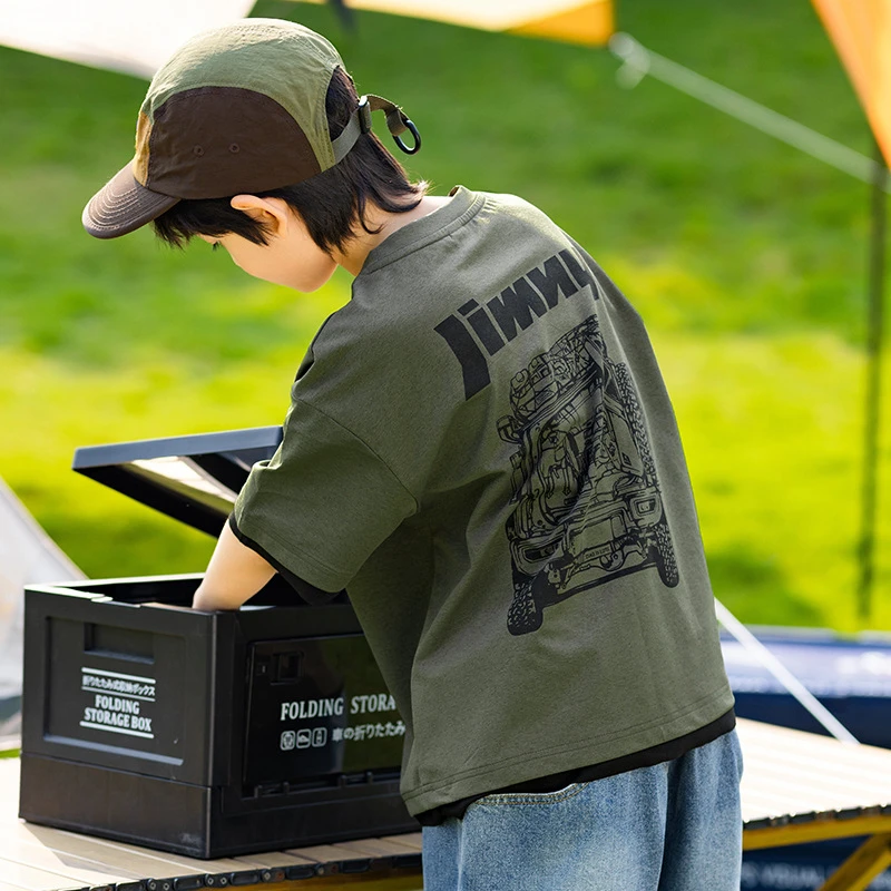 速干防晒 EK童装男童25夏季山系汽车印花户外假两件短袖T恤中大童