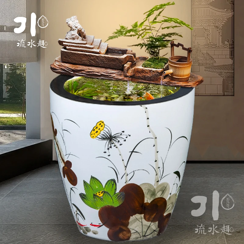 流水趣陶瓷材质插电大水缸古法鱼缸上流水摆件器流水摆件循环水缸