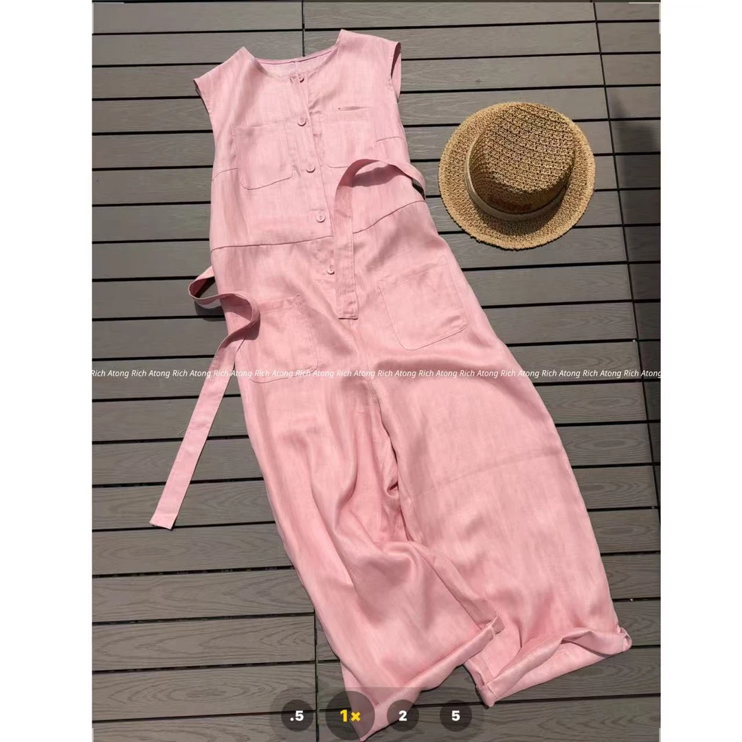 atong/阿彤-【粉绮 】-2025 春夏排扣双口袋亚麻连体裤0506-13