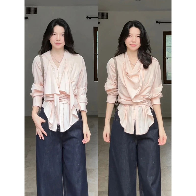 郭九九呢 气质设计感两穿绑带显瘦衬衫高腰阔腿牛仔裤 G925C13955