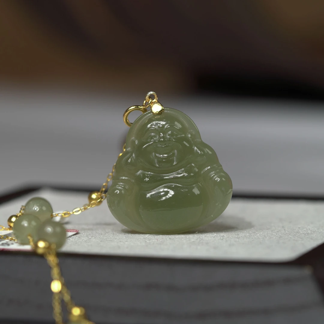 【悦悦】天然和田玉满天星25mm吊坠弥勒佛公*多样性发其一