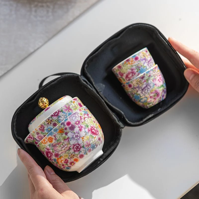 C311旅行茶具珐琅彩一壶三杯