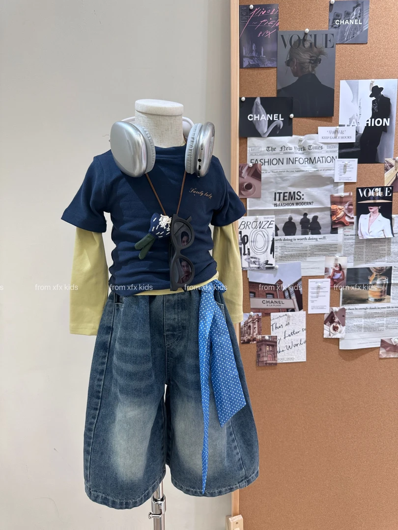 小粉象·女童2025秋季新款韩版卡通小狗真2件T洋气牛仔裤两件套装