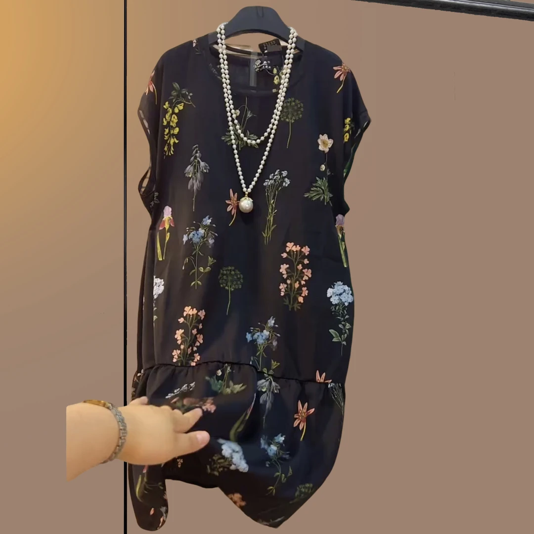 夏季大码女装胖妹妹黑色碎花大版遮肉显瘦宽松百搭时尚短袖连衣裙