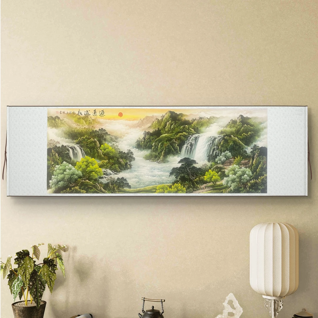 《源远流长》壁画新中式山水风景客厅卧室玄关装饰画仗二320x96