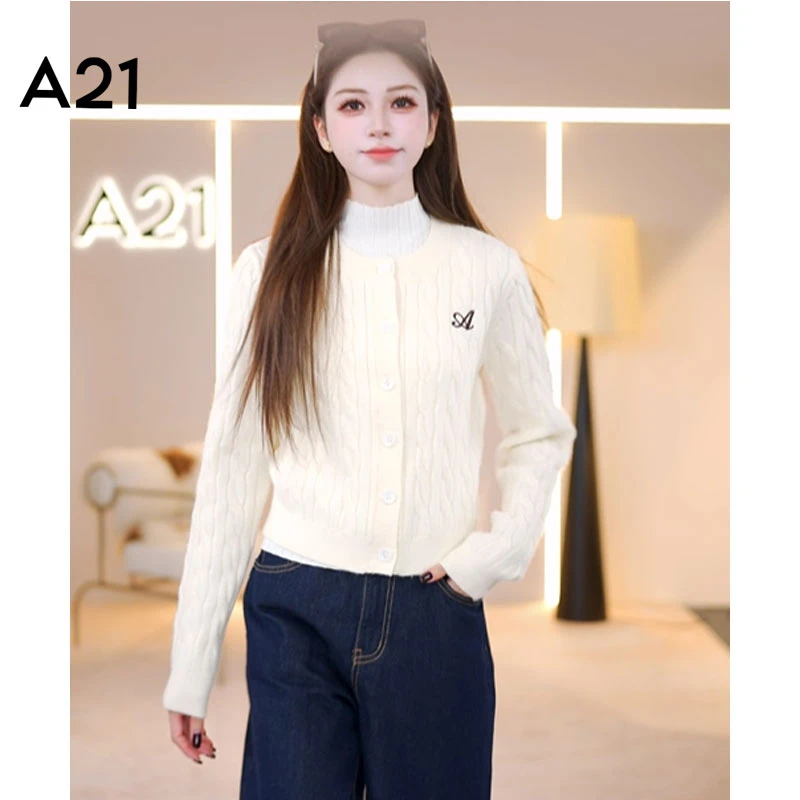 A21女装2024新款针织开衫秋季学院风刺绣修身毛衫外套F433244005