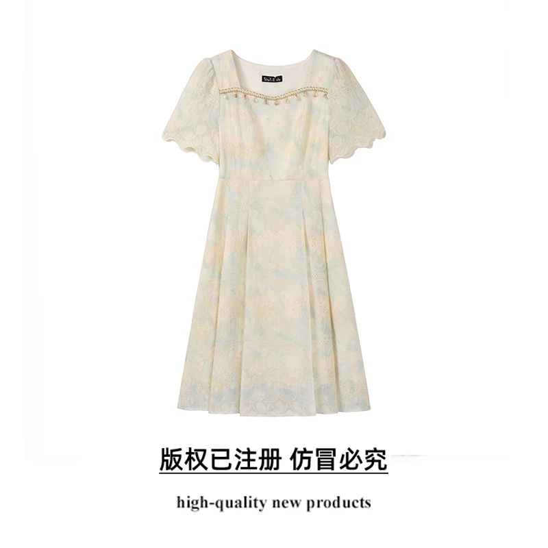 奢姿大码女装2025夏季减龄贝壳链条时尚连衣裙胖妹妹方领印花裙子