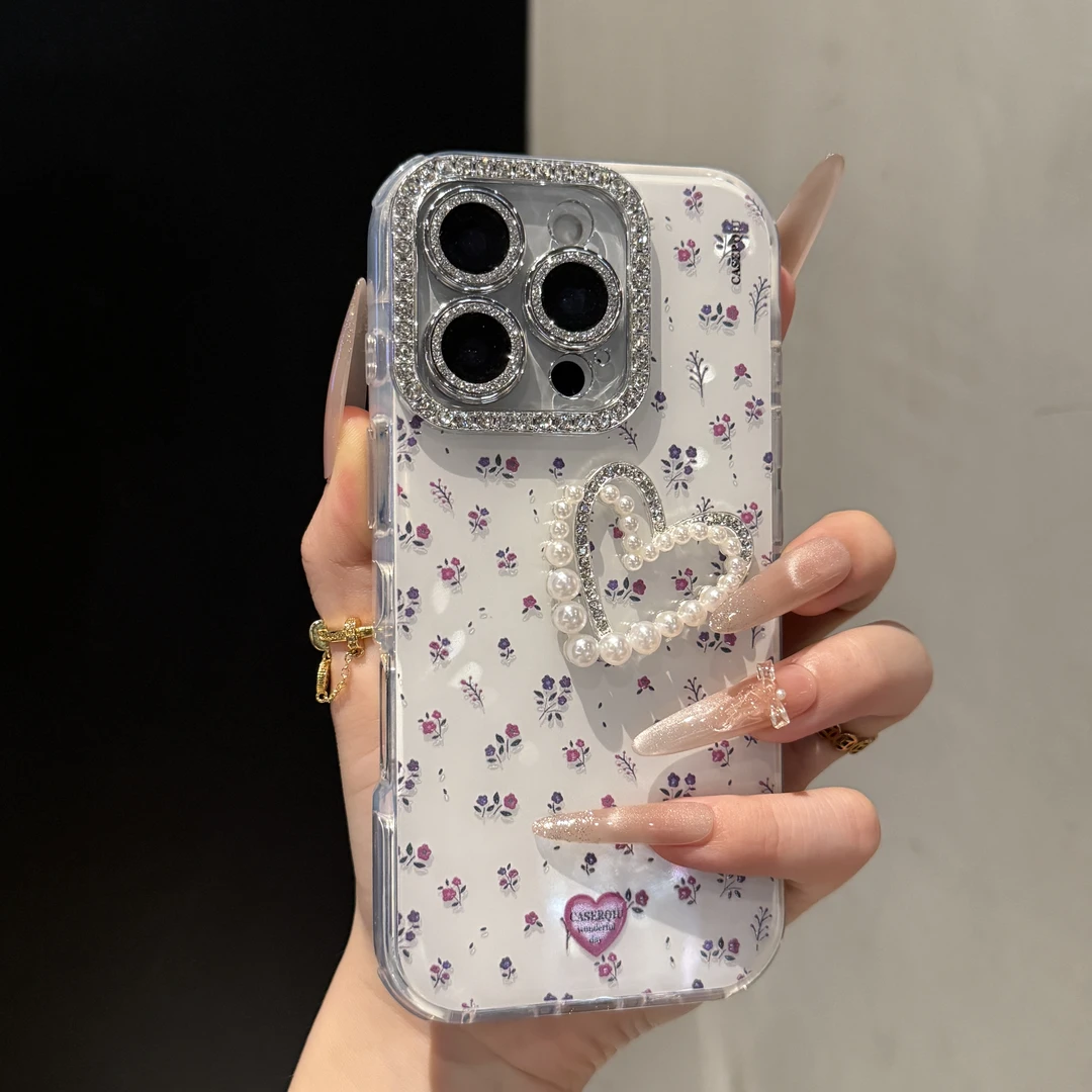 高颜值小碎花立体爱心珍珠适用苹果16promax手机壳iPhone15全包14