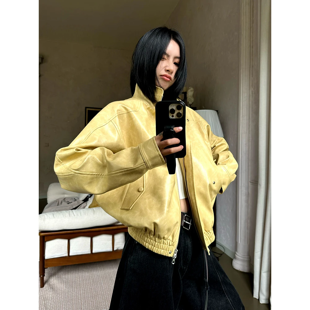 JCCC影子【银杏革】黄色晕染立领弧形插肩袖皮夹克短外套JE5GPW10