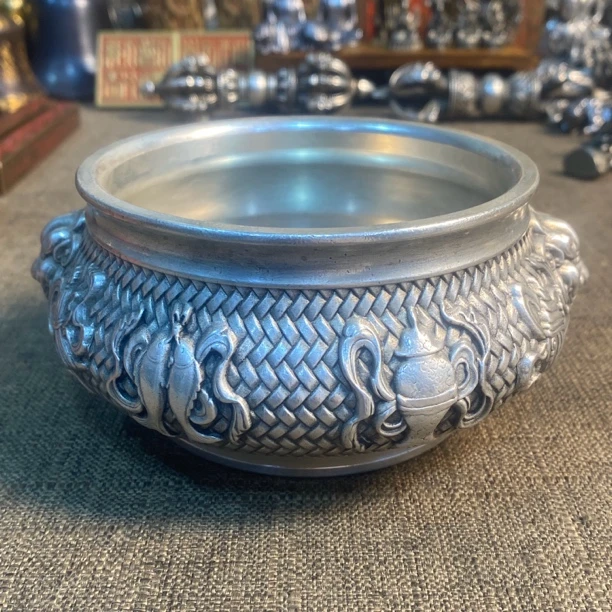 纯铜鎏银狮耳香炉摆件