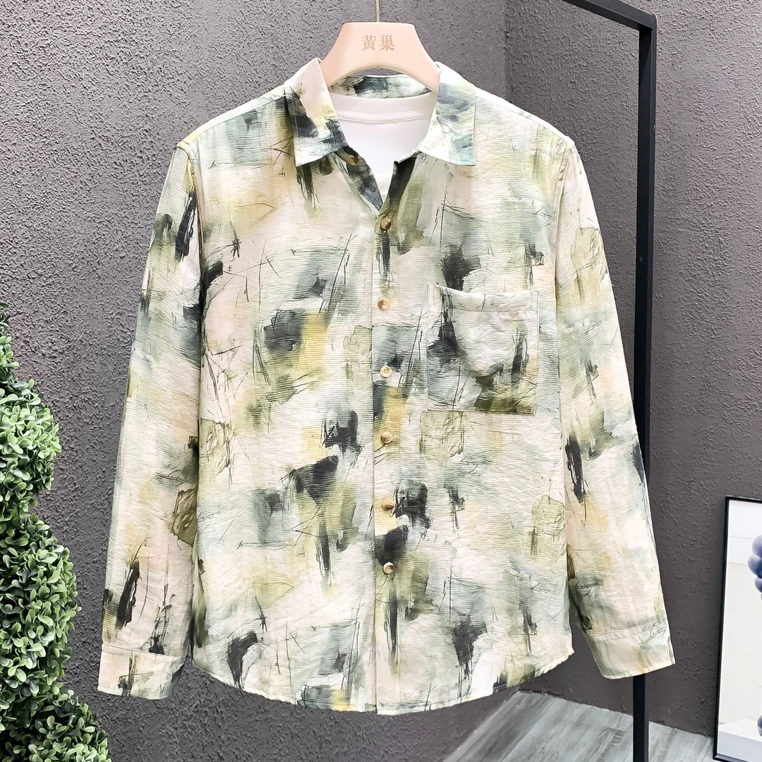 轻奢潮流满印设计感衬衫春秋季长袖休闲百搭男款废土风松弛感衬衣