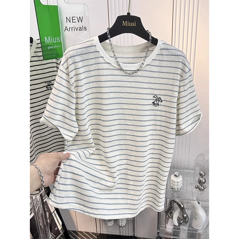 韩系条纹刺绣T恤女短袖夏季200斤胖mm宽松大码遮肚显瘦雪花棉上衣