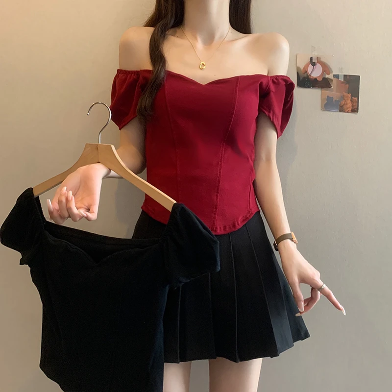 J夏大码法式荡领短袖T恤女夏季胖mm显瘦收腰甜辣妹绝美一字肩上衣
