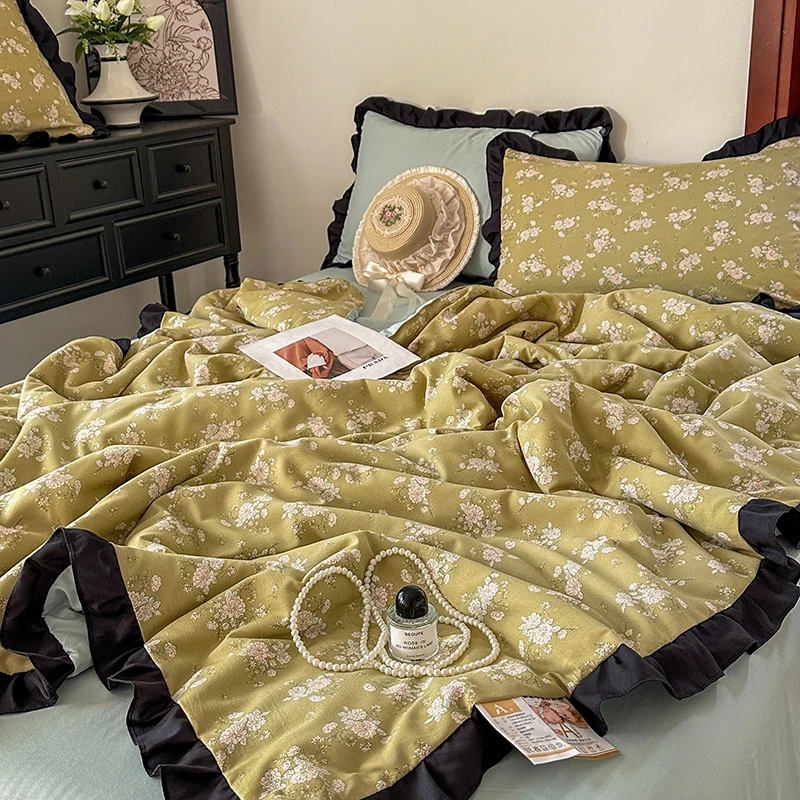 时光花园夏凉被四件套夏被枕套床单针织棉皱皱纱双层纱床上用品