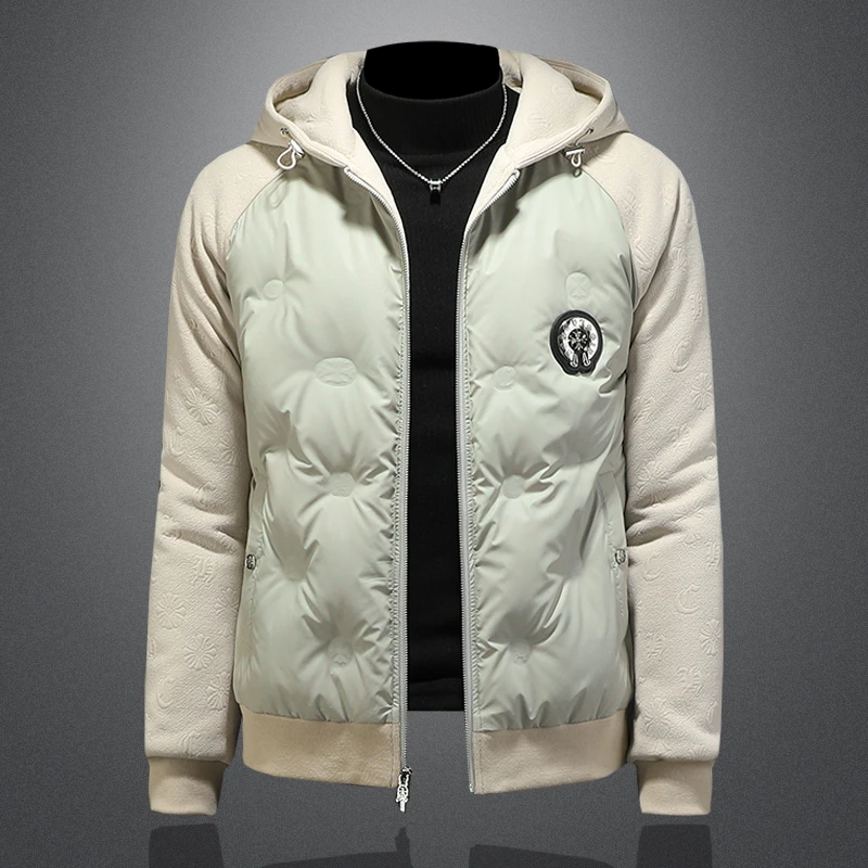 TERINELO/黛芮奈勒高档冬季90%白鸭绒连帽羽绒服男加厚pu皮短款