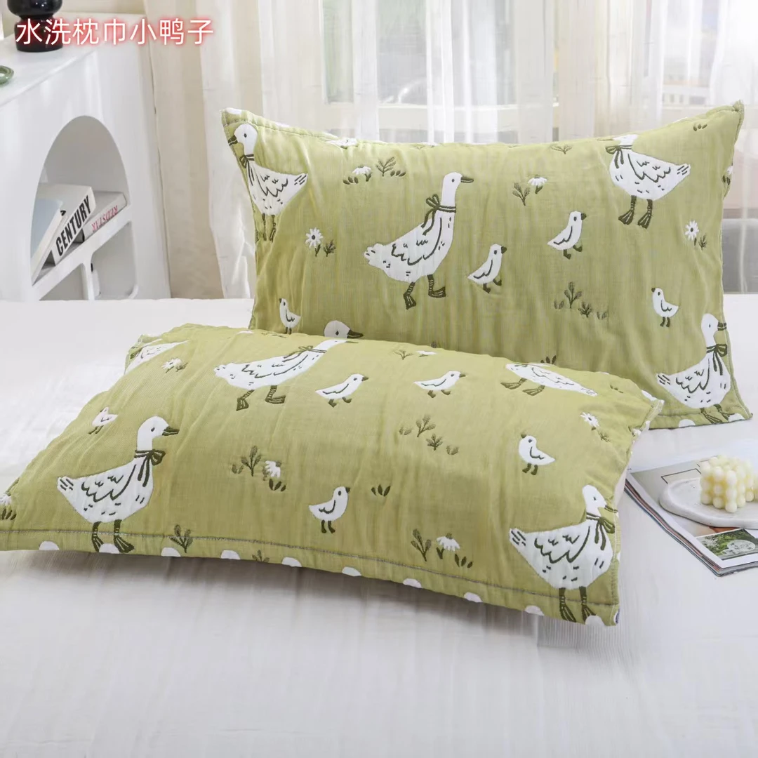 【木帛织物】 绿鸭子一对装 花边直边泡芙枕巾 加厚简约家用