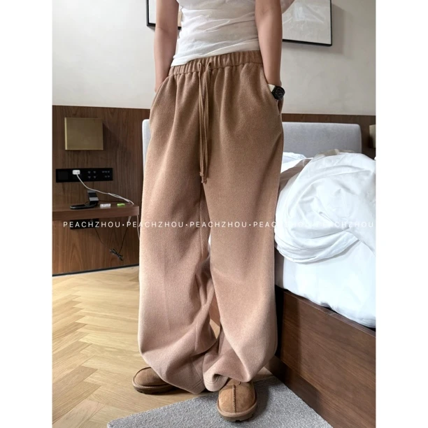 『PEACHZHOU』羊毛莫代尔'小云朵'轻暖宽松毛呢休闲裤松紧腰阔腿裤