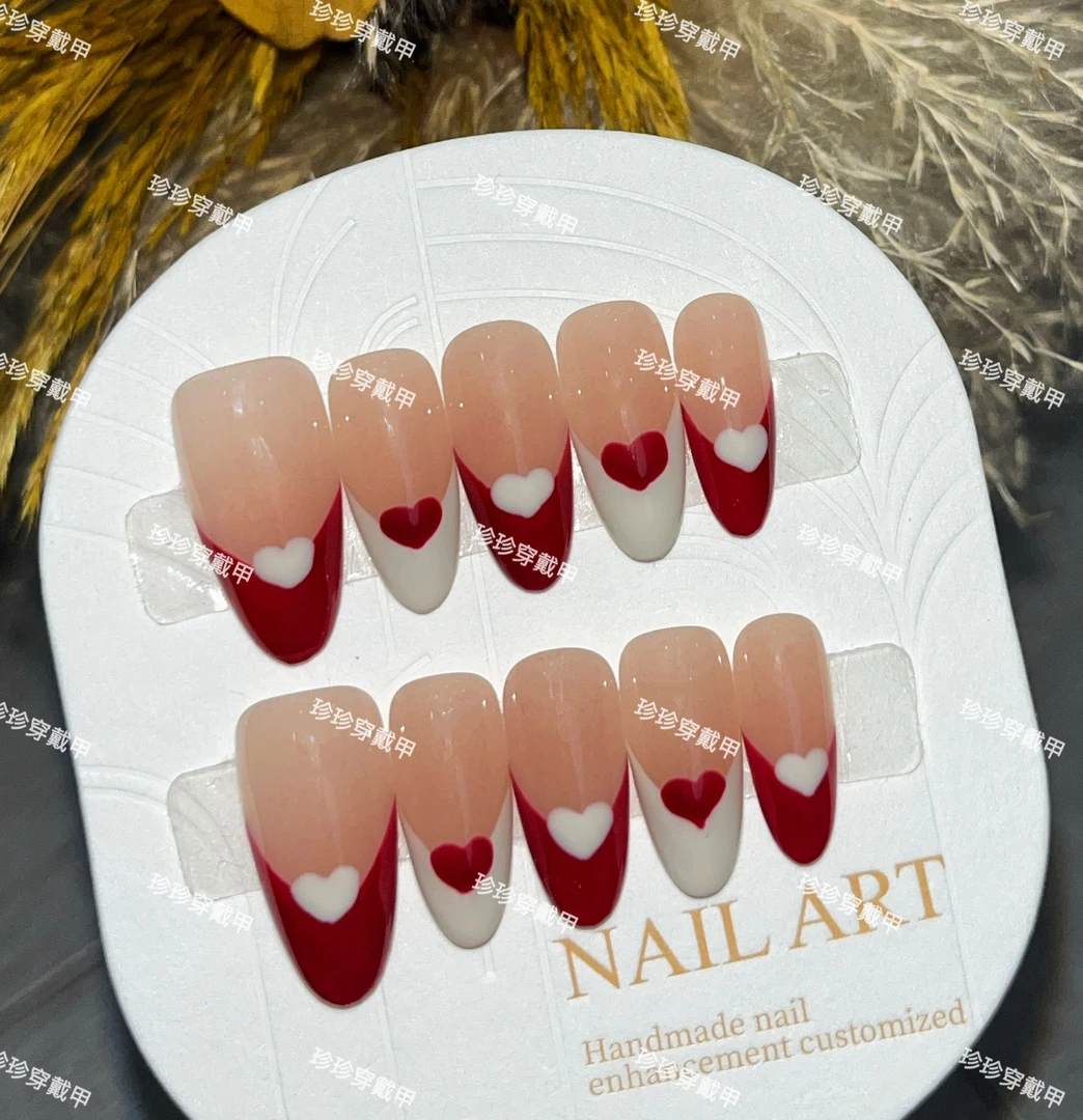 【情人节】珍珍手工穿戴甲日常气质法式跳色手绘爱心可拆卸美甲贴片