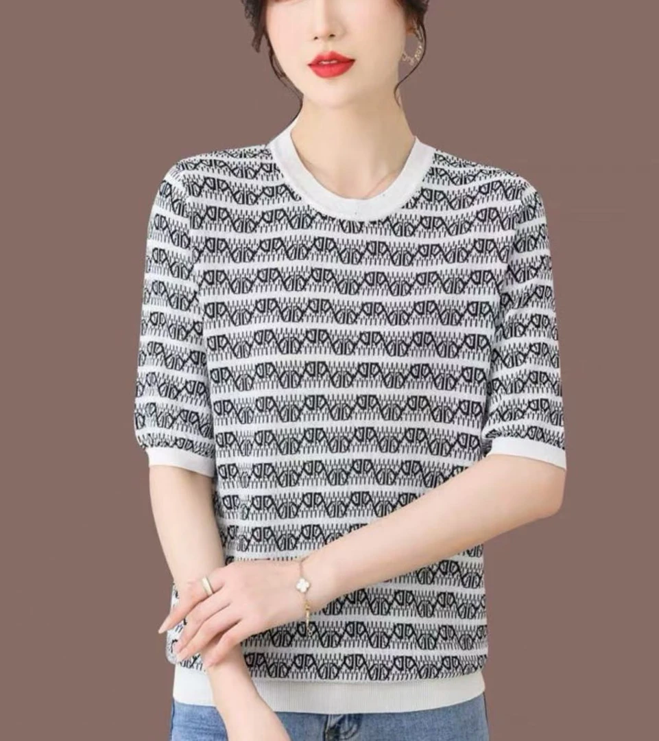 条纹圆领短袖修身提花女士T恤时尚显瘦针织半袖女士休闲