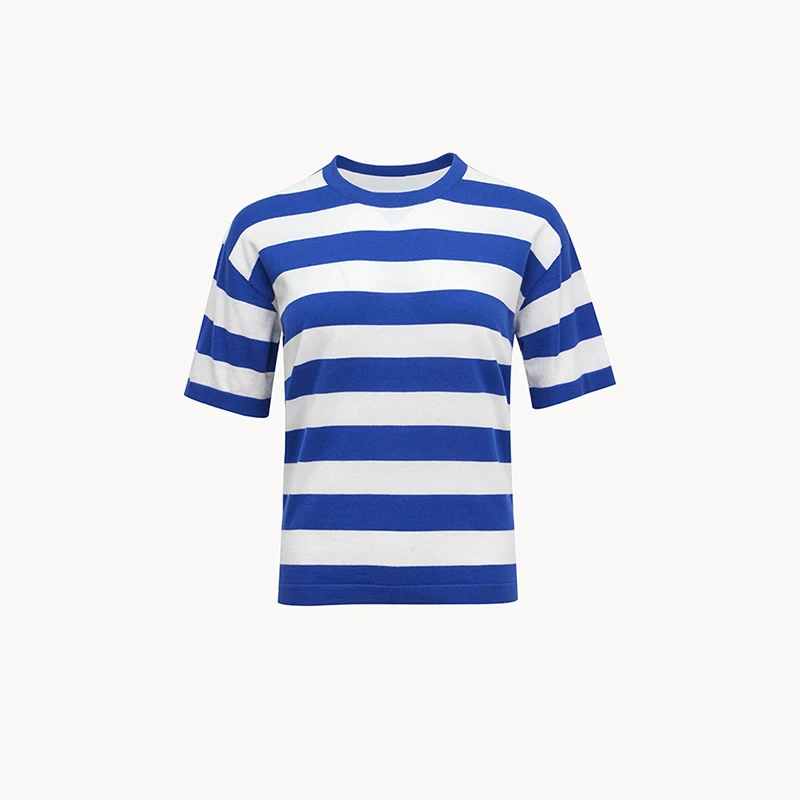 THE EASE【门店款】蓝白条纹圆领针织纯棉T恤衫/MM26330