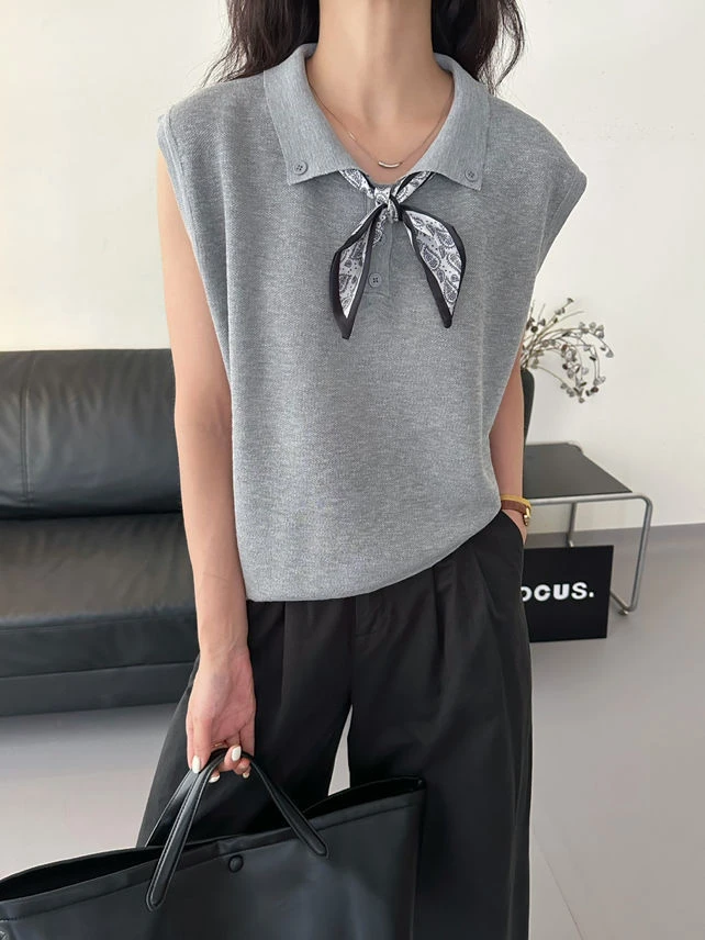 （带丝巾）飞飞袖针织上衣2025夏时尚百搭夏季宽松韩版设计感显瘦