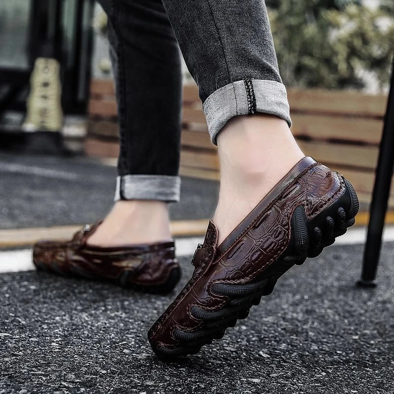 【香港QXWB&Shoes官方正品】男鳄鱼纹秋季2025软底透气皮鞋一脚蹬