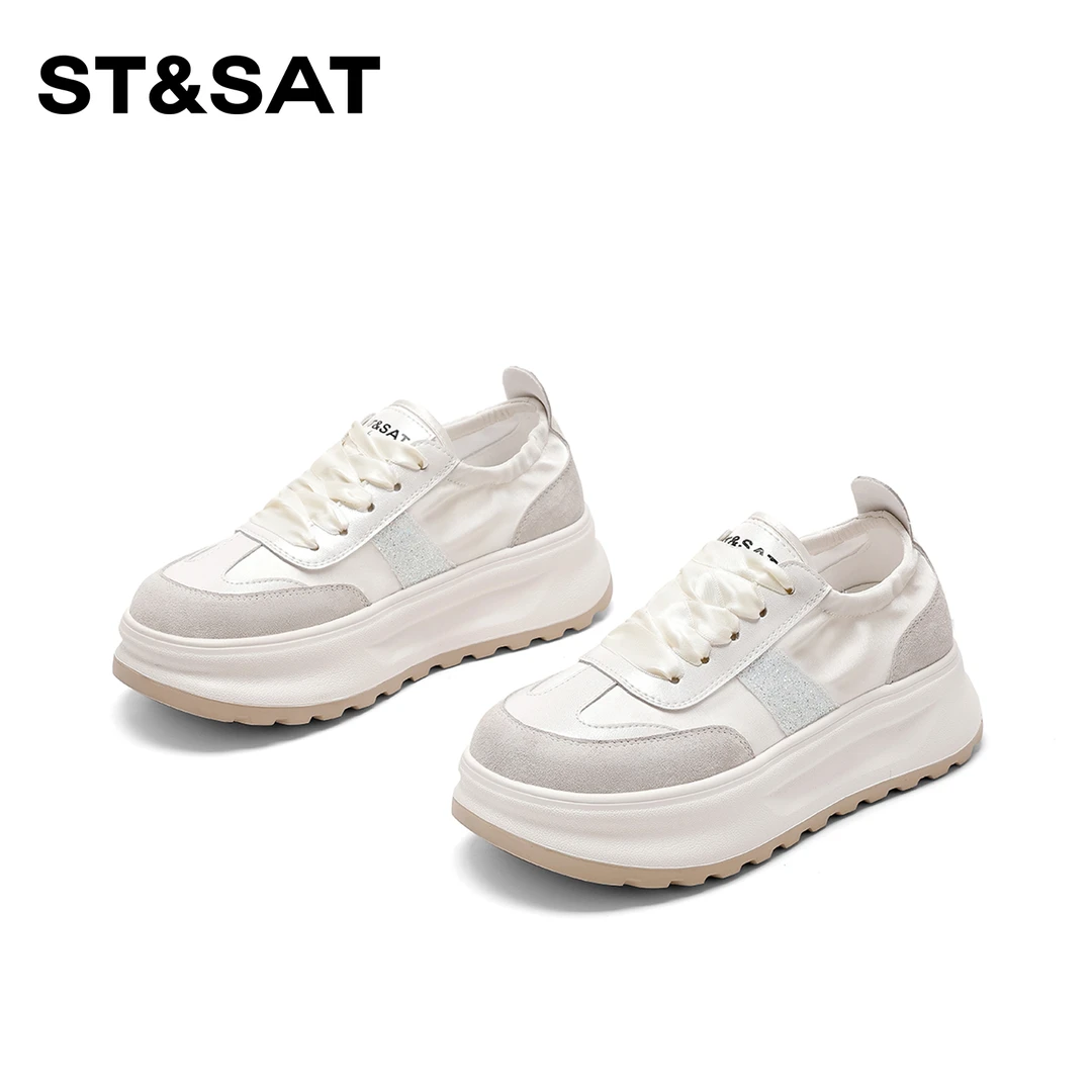 St&Sat/星期六时尚德训鞋女2024新款时尚百搭透气厚底系带休闲鞋
