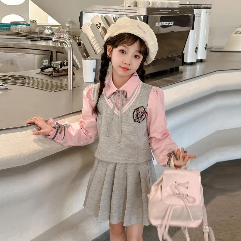 女童连衣裙春装2025新款中大童春秋学院风儿童春季JK套装百褶裙子