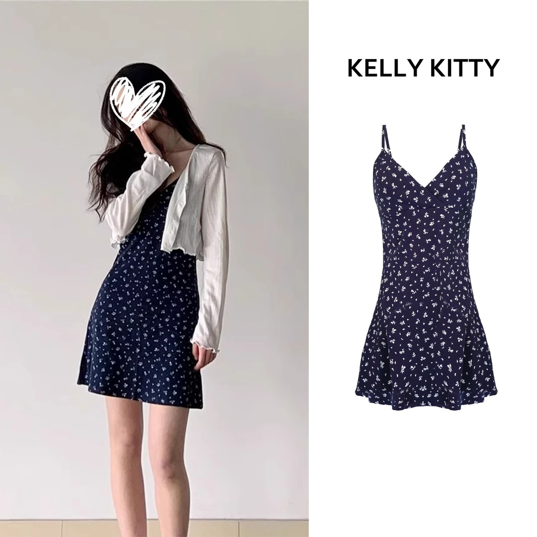 早春季整套开衫外搭显瘦海边度假碎花气质小众吊带连衣裙女8047