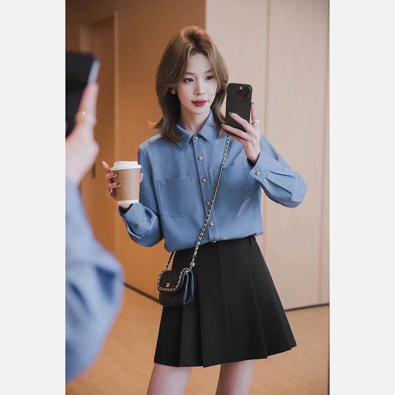 【笔记衬衫】通勤垂顺仿牛仔经典高智蓝色洋气设计感春秋季长袖衬衫