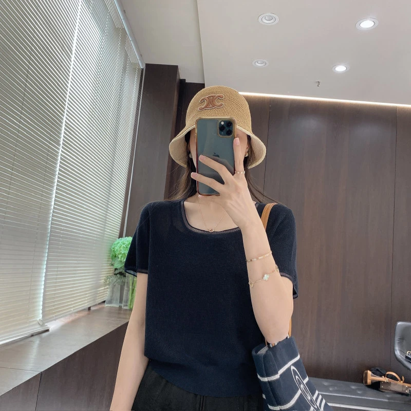 IMFLY金小金自制女装 针织衫DYW9186春夏季薄款方领针织短袖女