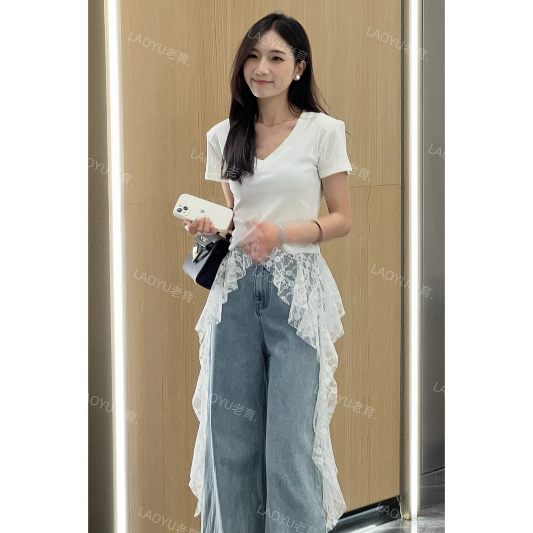 LAOYU（飘带边）夏季高级蕾丝拼接收腰百搭V领不规则飘带T恤上衣