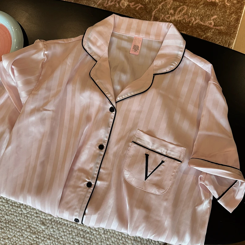 V家同款缎面提花居家睡衣短袖长裤套装