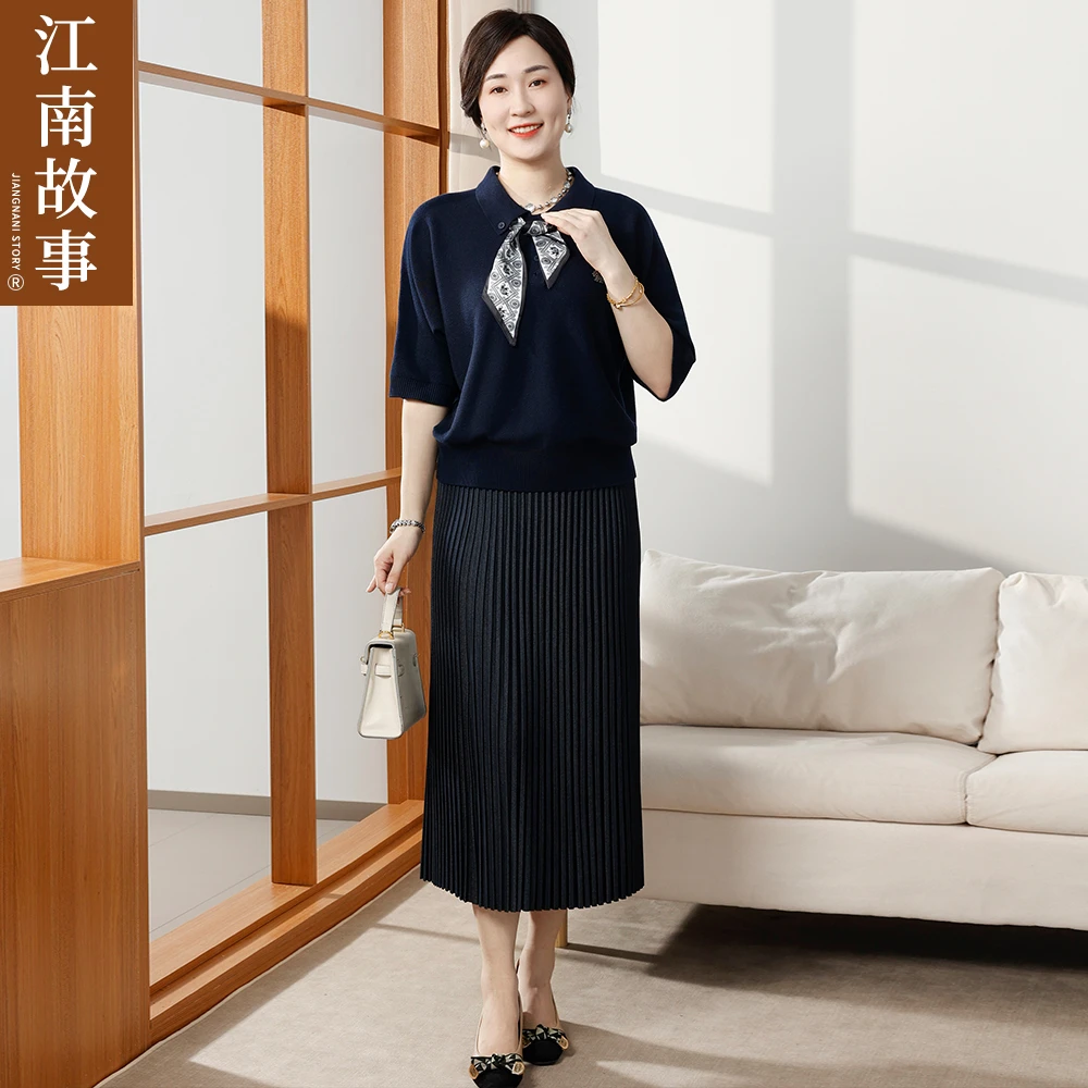 江南故事妈妈装优雅领巾气质中袖上衣中式时尚复古初秋洋气针织衫