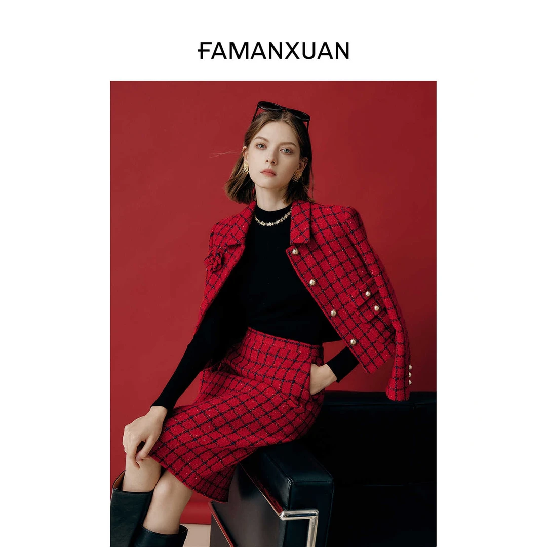 【粉丝专属】法曼萱红色格纹羊毛短外套女2025冬新款复古夹棉上衣