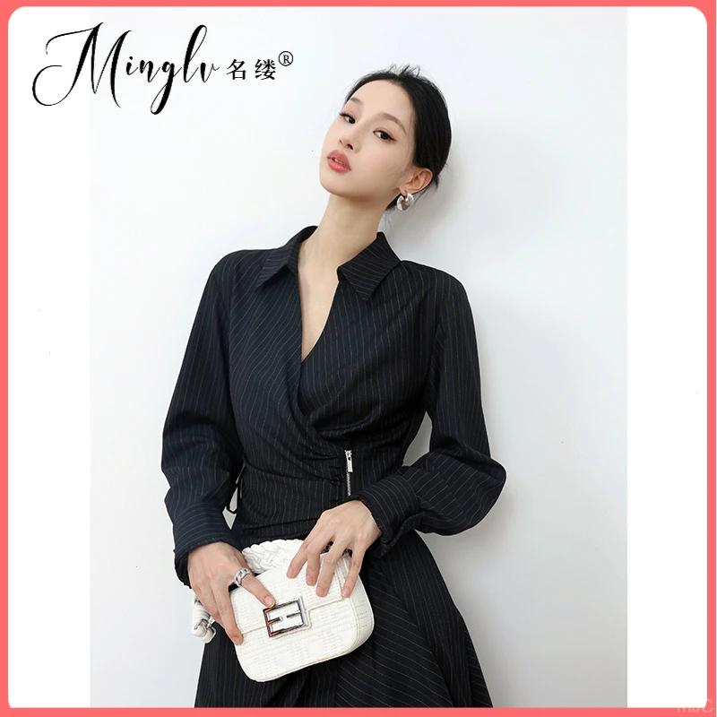 名缕气质条纹衬衫法式女装时尚洋装收腰显瘦高级感长袖裙女高级感