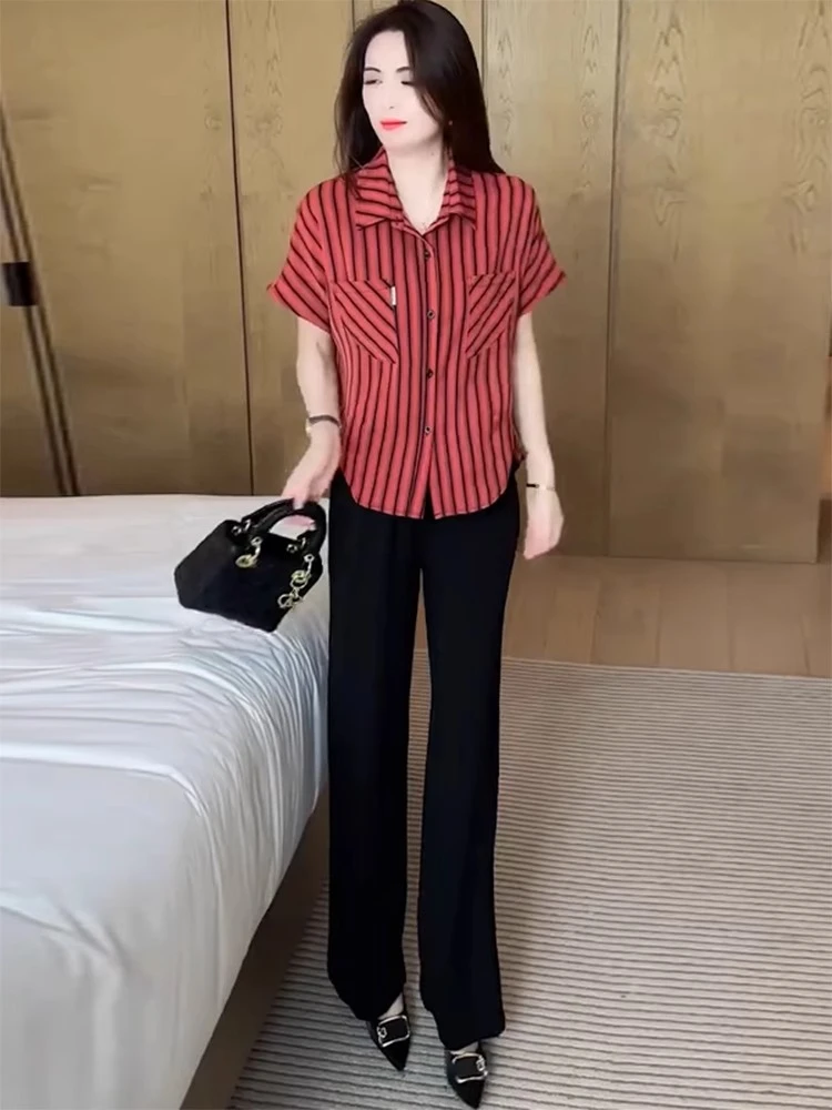 时尚套装女2025夏季新款洋气显瘦格子短袖上衣高腰阔腿裤两件套