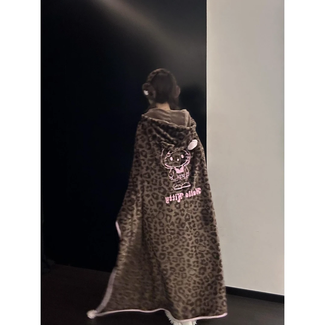 美式豹纹Kitty猫斗篷连帽外套休闲家居服女款睡毯蝴蝶结秋冬睡袍