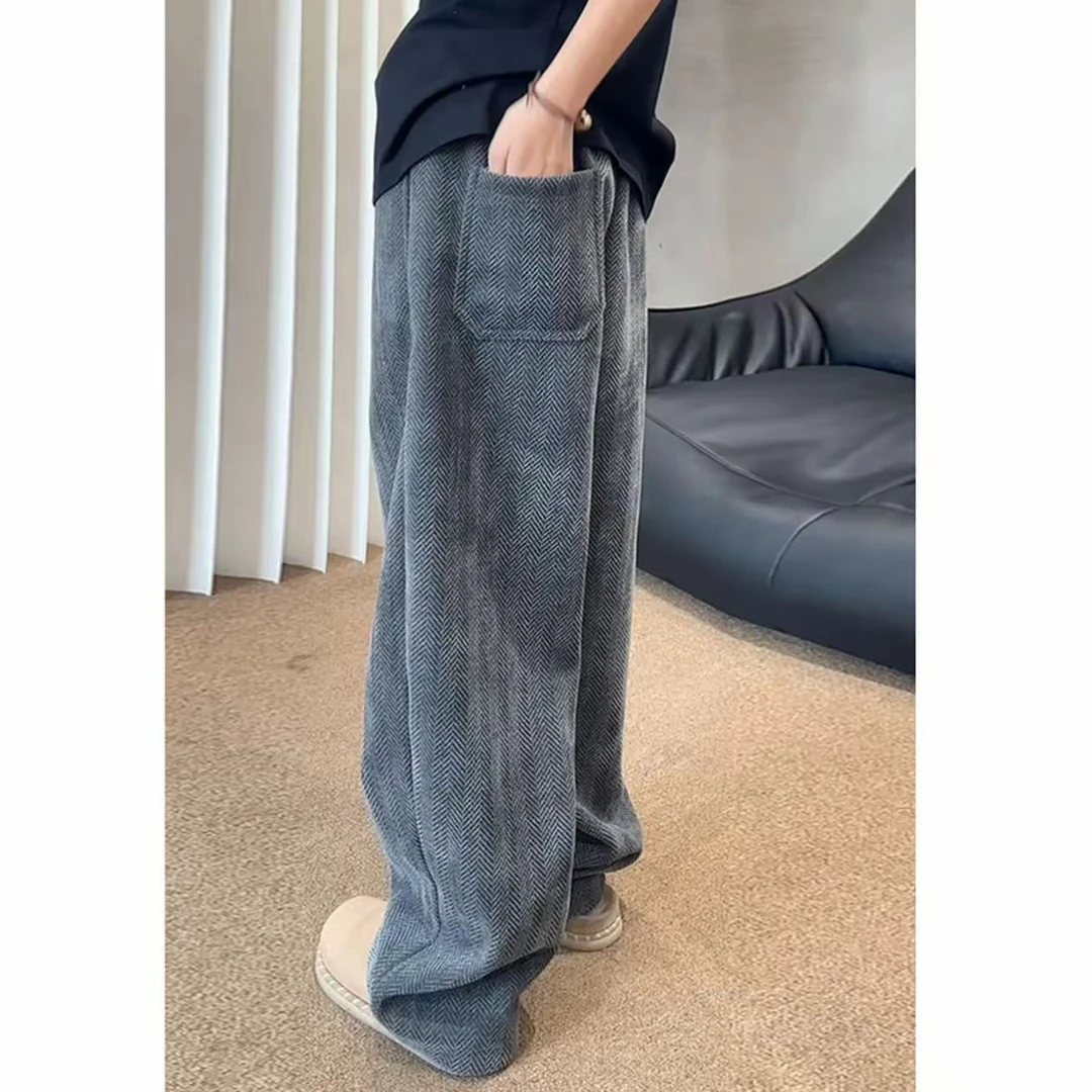 斑马纹美式复古弯刀裤子男款秋季肌理垂感微喇裤子阔腿加绒休闲裤