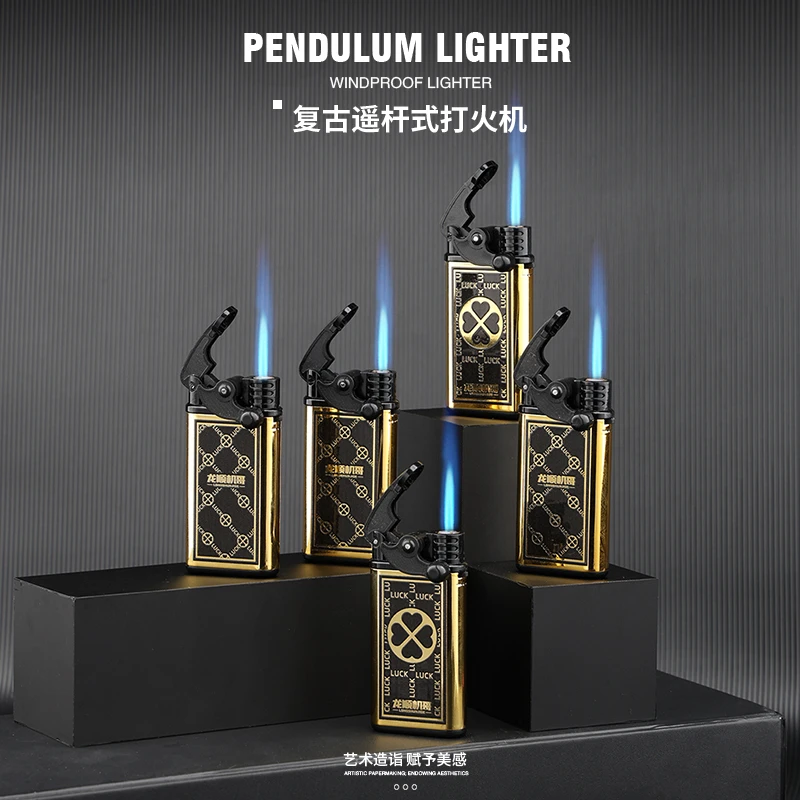 新款蓝焰防风打火机摇臂直冲充气耐用带盖高颜值家用广告定制印字