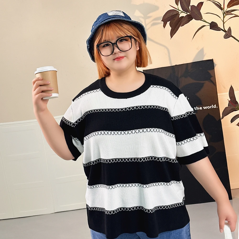 大码女装300斤胖MM韩版百搭圆领时尚宽松中长款通勤针织T恤8557