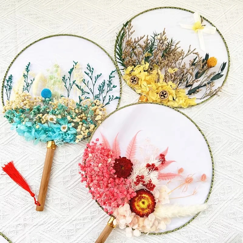 【亲子手工互动】永生花团扇蒲扇干花diy材料包幼儿园手工制作扇