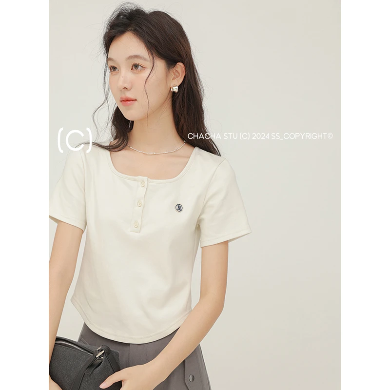 CHACHASTU 短袖T恤2025新款白色u领正肩短款甜辣小上衣ZRS767