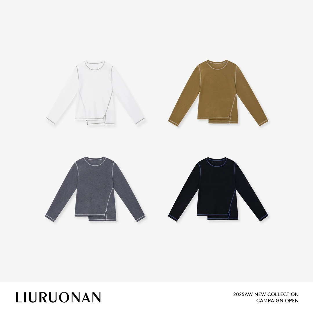 LIURUONAN 25AW 【腰身打底】车缝拼接线圆领长袖T恤不规则下摆上衣